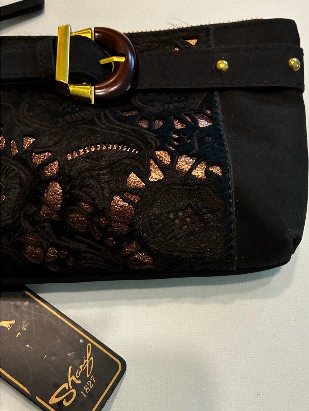 Sharif Legacy NWT Nubuck
Leather Wristlet Mini Bag Black &Gold - Picture 4 of 15